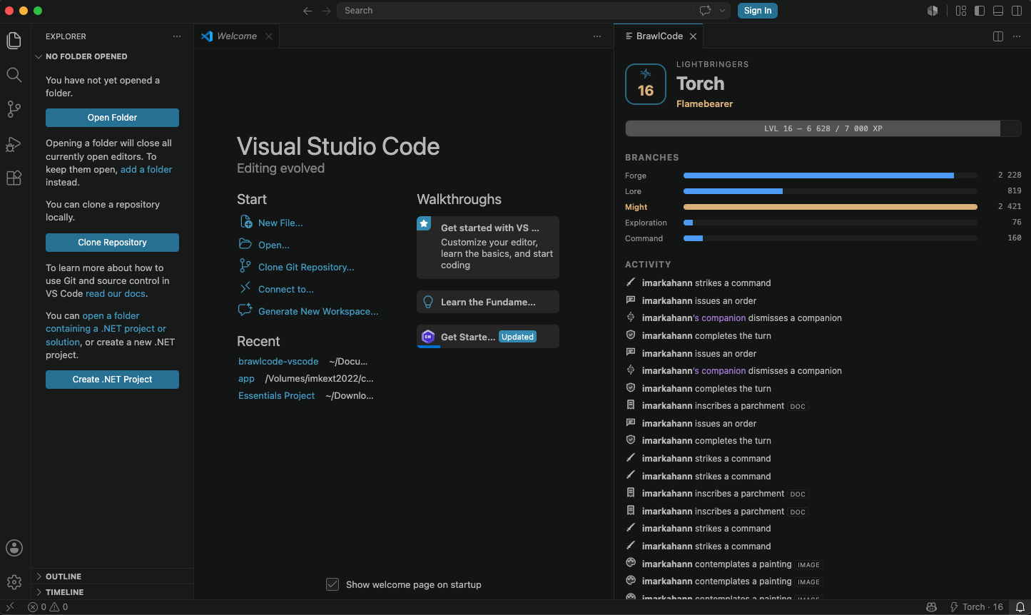 The BrawlCode game panel inside VS Code